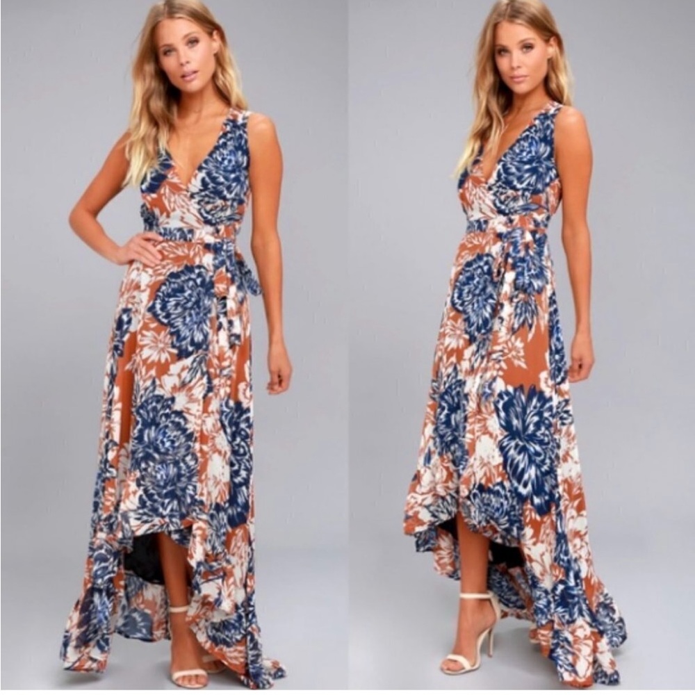 Lulu’s Desert Trip Rust Orange and Navy Floral Wrap Maxi Dress